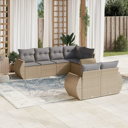 Matgrupp för trädgården med dynor 7 delar beige konstrotting