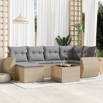 Matgrupp för trädgården med dynor 7 delar beige konstrotting