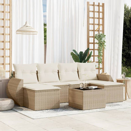 Matgrupp för trädgården med dynor 7 delar beige konstrotting