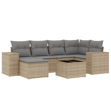 Matgrupp för trädgården med dynor 7 delar beige konstrotting