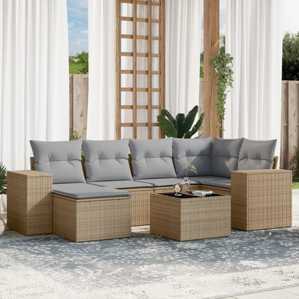 Matgrupp för trädgården med dynor 7 delar beige konstrotting