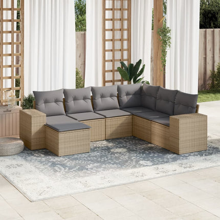 Matgrupp för trädgården med dynor 7 delar beige konstrotting