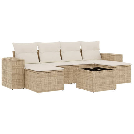 Matgrupp för trädgården med dynor 7 delar beige konstrotting