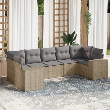 Matgrupp för trädgården med dynor 7 delar beige konstrotting