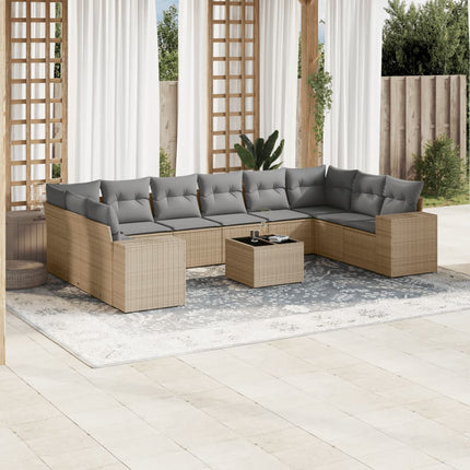 Loungegrupp för trädgården m. dynor 11 delar beige konstrotting