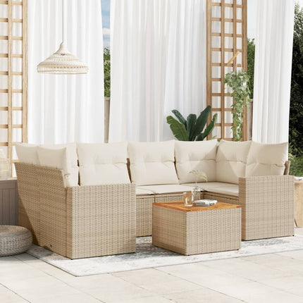 Matgrupp för trädgården med dynor 7 delar beige konstrotting