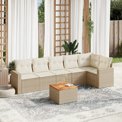 Matgrupp för trädgården med dynor 7 delar beige konstrotting