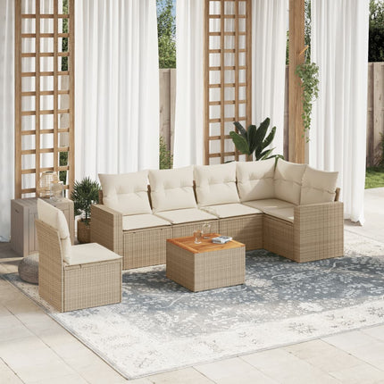 Matgrupp för trädgården med dynor 7 delar beige konstrotting