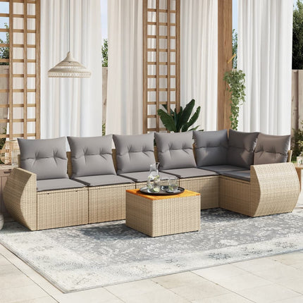 Matgrupp för trädgården med dynor 7 delar beige konstrotting