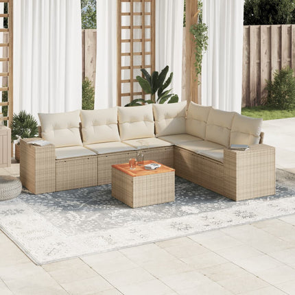 Matgrupp för trädgården med dynor 7 delar beige konstrotting