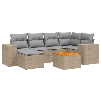 Matgrupp för trädgården med dynor 7 delar beige konstrotting