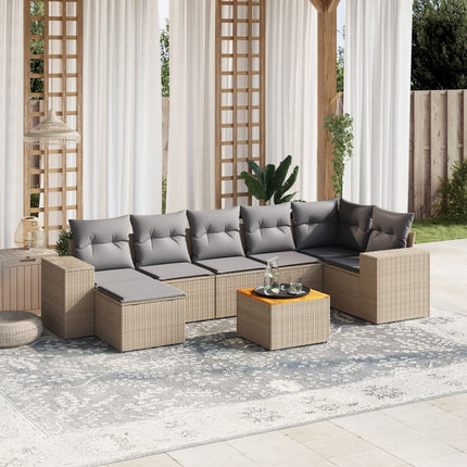 Matgrupp för trädgården med dynor 8 delar beige konstrotting
