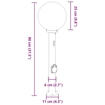 Pollare med sensor och uttag 3 st 80 cm rostfritt stål IP44
