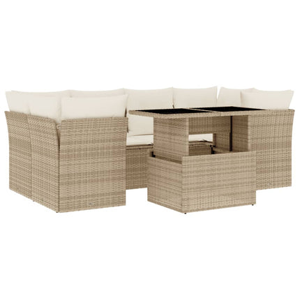 Matgrupp för trädgården med dynor 7 delar beige konstrotting