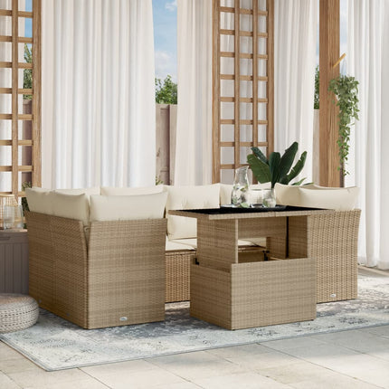 Matgrupp för trädgården med dynor 7 delar beige konstrotting
