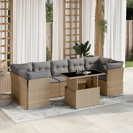 Matgrupp för trädgården med dynor 8 delar beige konstrotting