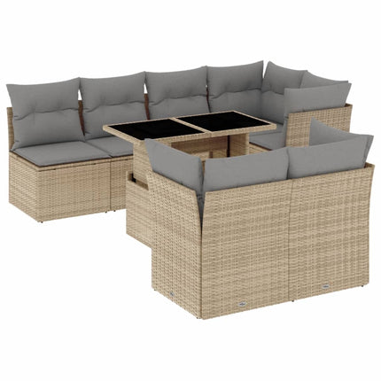 Matgrupp för trädgården med dynor 8 delar beige konstrotting