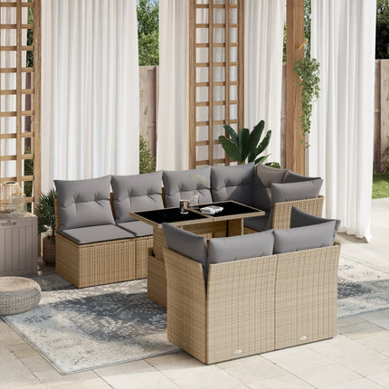 Matgrupp för trädgården med dynor 8 delar beige konstrotting