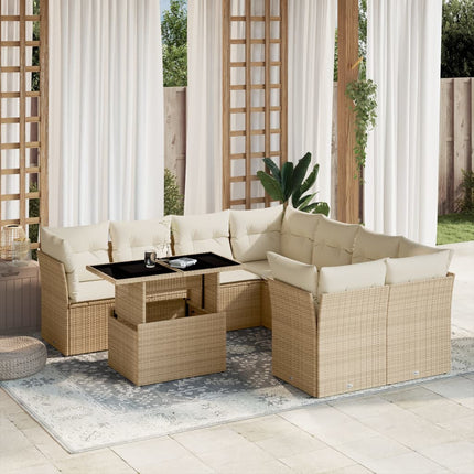 Soffgrupp för trädgården med dynor 9 delar beige konstrotting
