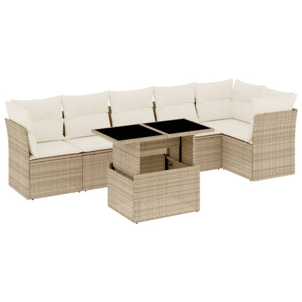 Matgrupp för trädgården med dynor 7 delar beige konstrotting