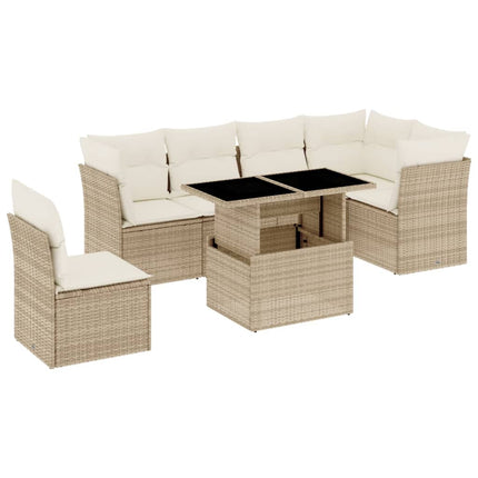 Matgrupp för trädgården med dynor 7 delar beige konstrotting