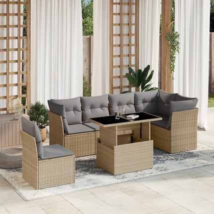 Matgrupp för trädgården med dynor 7 delar beige konstrotting