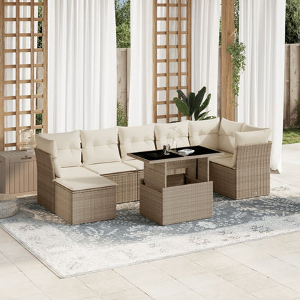 Matgrupp för trädgården med dynor 8 delar beige konstrotting