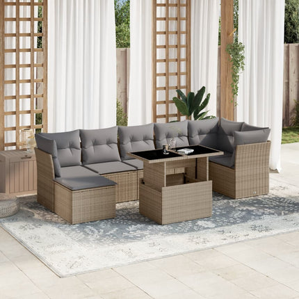 Matgrupp för trädgården med dynor 8 delar beige konstrotting