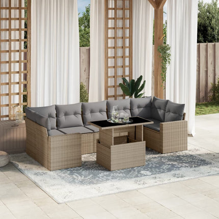 Matgrupp för trädgården med dynor 8 delar beige konstrotting
