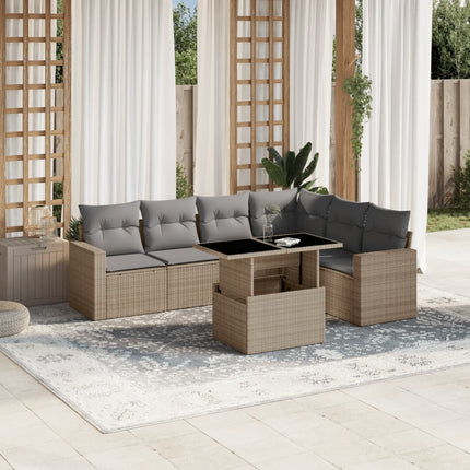 Matgrupp för trädgården med dynor 7 delar beige konstrotting