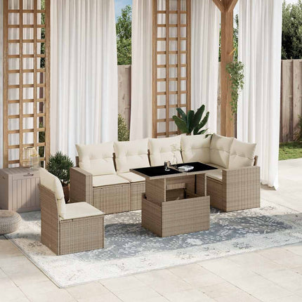 Matgrupp för trädgården med dynor 7 delar beige konstrotting