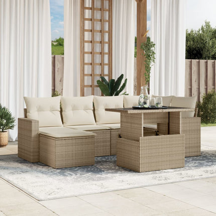 Matgrupp för trädgården med dynor 7 delar beige konstrotting