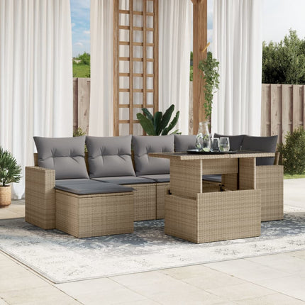 Matgrupp för trädgården med dynor 7 delar beige konstrotting