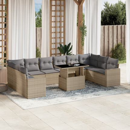 Loungegrupp för trädgården m. dynor 11 delar beige konstrotting