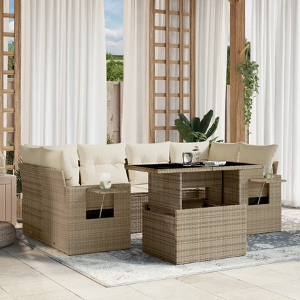 Matgrupp för trädgården med dynor 7 delar beige konstrotting