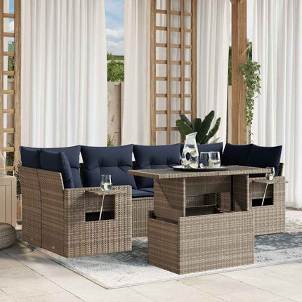 7 delar trädgårdssoffgrupp med dynor grå polyrotting