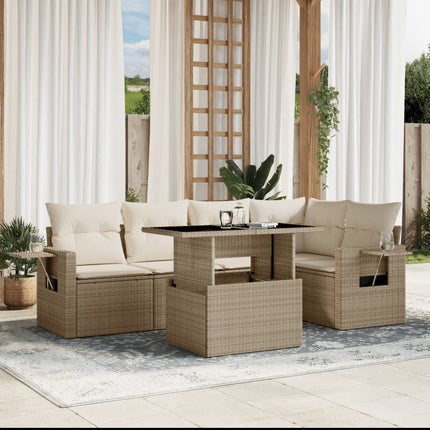 Soffgrupp för trädgården med dynor 6 delar beige konstrotting