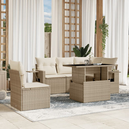 Soffgrupp för trädgården med dynor 6 delar beige konstrotting