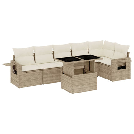 Matgrupp för trädgården med dynor 7 delar beige konstrotting