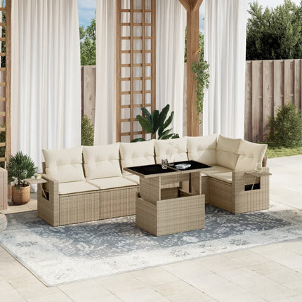 Matgrupp för trädgården med dynor 7 delar beige konstrotting