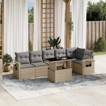 Matgrupp för trädgården med dynor 7 delar beige konstrotting