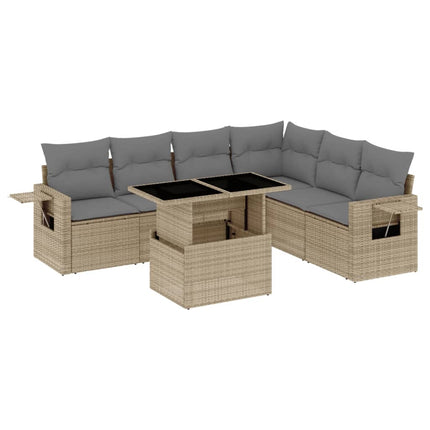 Matgrupp för trädgården med dynor 7 delar beige konstrotting