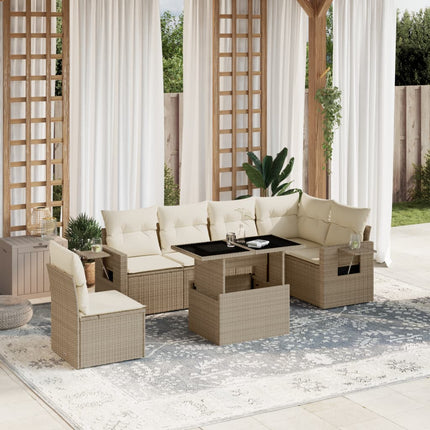 Matgrupp för trädgården med dynor 7 delar beige konstrotting
