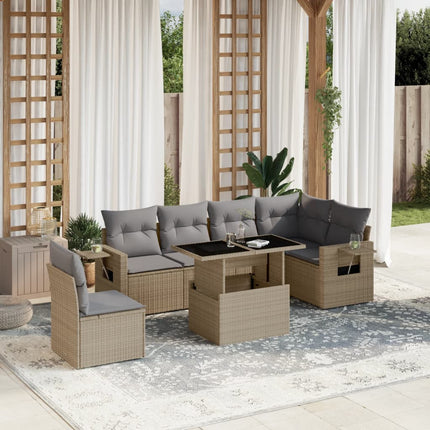 Matgrupp för trädgården med dynor 7 delar beige konstrotting