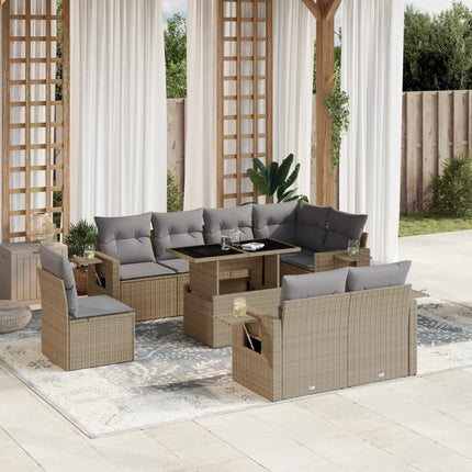 Soffgrupp för trädgården med dynor 9 delar beige konstrotting
