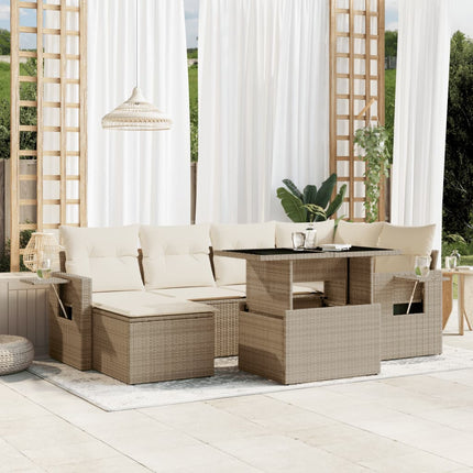 Matgrupp för trädgården med dynor 7 delar beige konstrotting