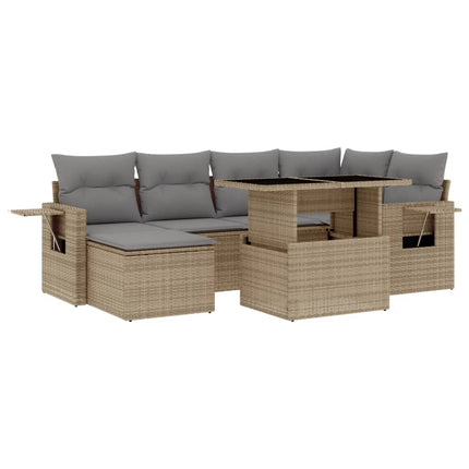 Matgrupp för trädgården med dynor 7 delar beige konstrotting