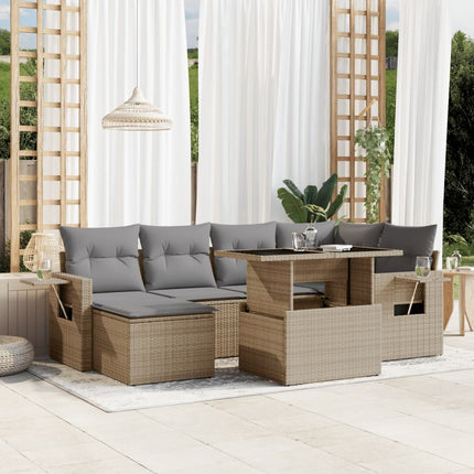 Matgrupp för trädgården med dynor 7 delar beige konstrotting