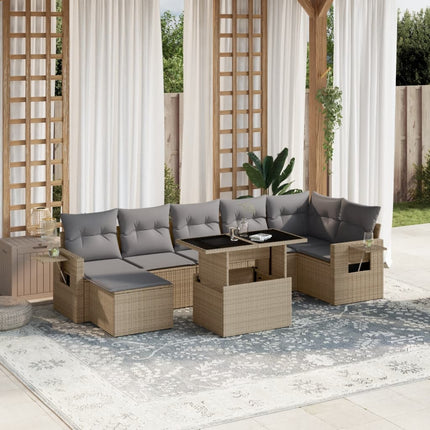 Matgrupp för trädgården med dynor 8 delar beige konstrotting