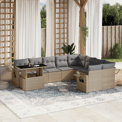 Soffgrupp för trädgård med dynor 10 delar beige konstrotting
